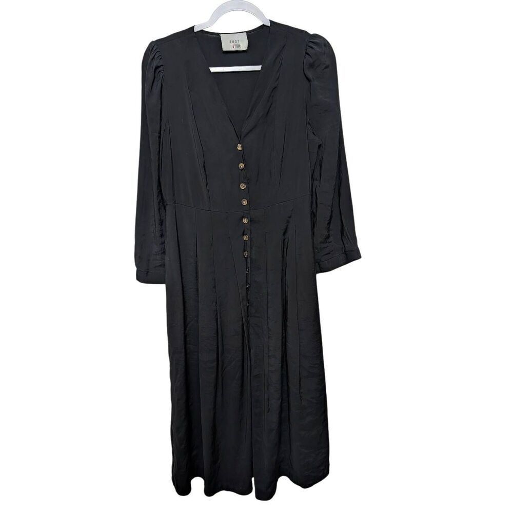 JUST midi v-neck button down black dress long sleeve